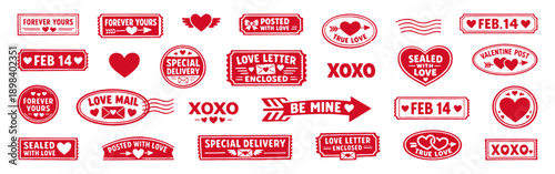 Red vintage-style valentine postage stamps, love labels and romantic symbols inspired by mail, letters and celebration.