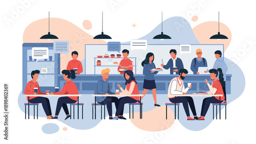 Busy school cafeteria or food court is filled with students and people eating and socializing at tables.