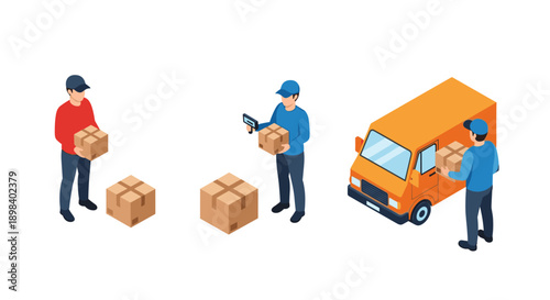 Isometric delivery process with couriers handling packages and orange truck