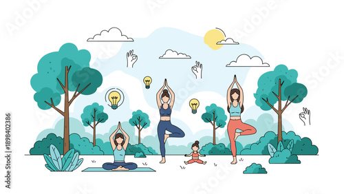 Group of people practices yoga in a serene outdoor park to find peace and inspiration amidst nature.