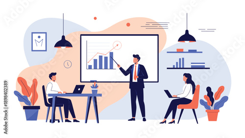 Business executive gives a presentation using charts on a whiteboard while attendees take notes in an office.