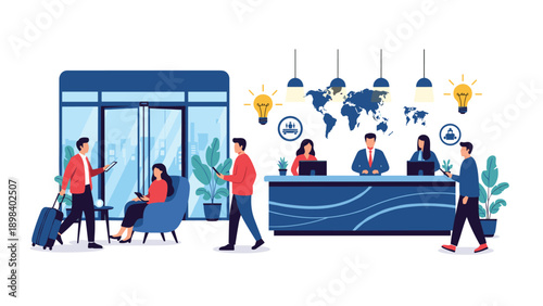 Busy hotel lobby with guests checking in at the reception desk and travelers walking through the modern entrance.