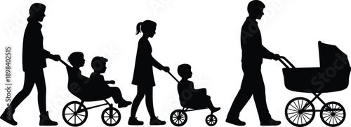 Silhouette family with children in strollers and baby carriage walking people parents