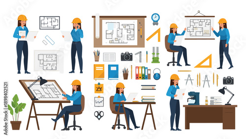 Professional female architect working on building blueprints and designs in various office settings and poses.