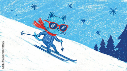 cartoon cat wearing sunglasses and scarf skiing down a snowy slope