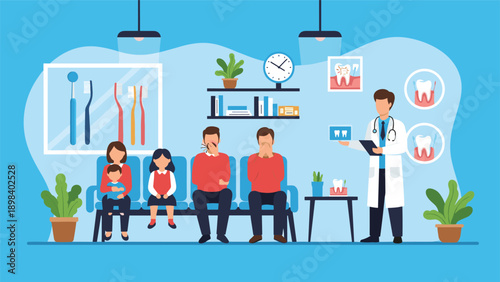 Family waiting for their appointment in a dental clinic while the dentist presents information about tooth care.