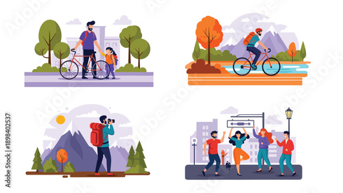 Various outdoor recreational activities featuring cycling, hiking, and family walking in beautiful nature landscapes.