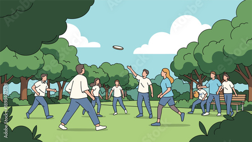 Group of young friends enjoying a game of frisbee and relaxing in a lush green city park on a sunny day.