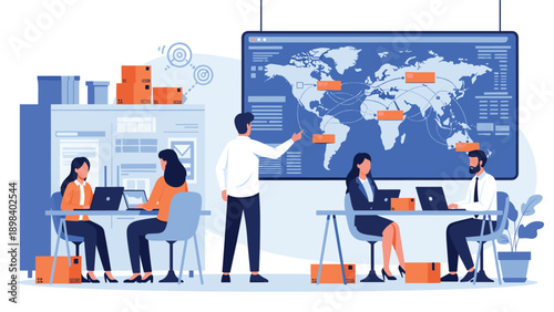 Professional team managing global logistics and shipping operations in a modern office with world map screens.