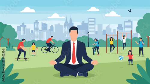 Businessman finding inner peace through meditation in a busy public park surrounded by active people and city views.