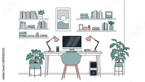 Clean and minimalist home office workspace featuring a computer desk, plants, and organized bookshelves on a wall.