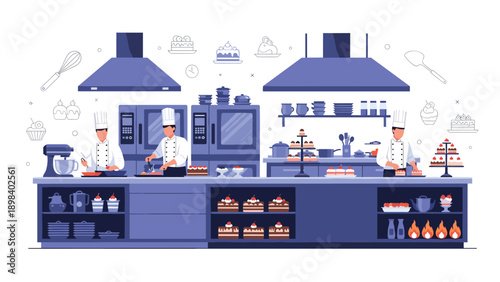Professional pastry chefs working in a large commercial kitchen to prepare various delicious cakes and desserts.