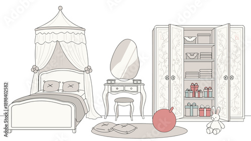 Elegant childs bedroom interior featuring a canopy bed, vintage vanity table, and large floral decorated wardrobe.