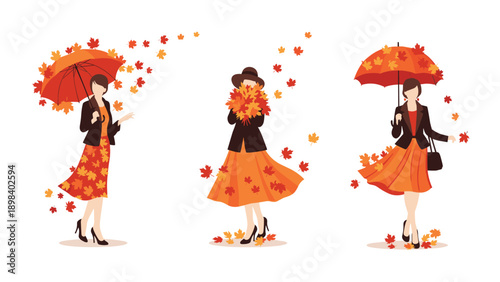 Stylish women showcasing autumn fashion outfits with umbrellas while standing amidst colorful falling maple leaves.
