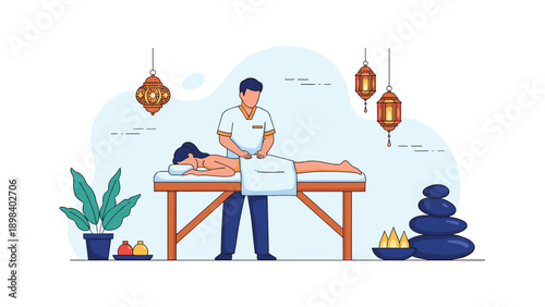 Relaxing spa scene depicts a professional massage therapist giving a back treatment to a woman in a serene environment with lit lanterns.