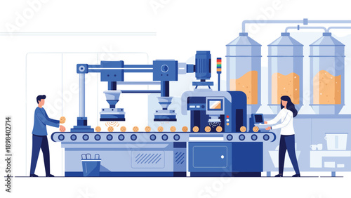 Automated factory production line processes cookies on a conveyor belt while workers monitor the high-tech machinery in a clean facility.