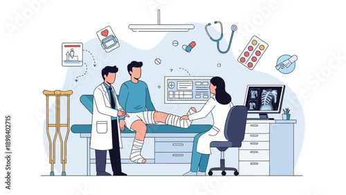 Medical team examines a patient with a leg injury in a clean clinical setting using modern equipment and professional medical techniques.