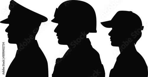 Three Male Silhouettes In Profile Wearing Different Headwear vector illustration