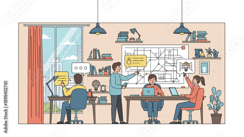 Professional colleagues collaborate in a modern office space featuring bookshelves and analytical whiteboard.