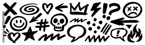 Large collection of expressive hand-drawn doodle symbols with bold brush strokes and playful graphic elements.