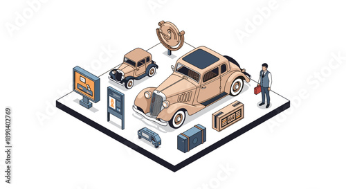 Vintage car showroom isometric design with classic automobiles and retro elements