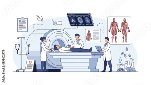 Medical professionals perform a diagnostic magnetic resonance imaging scan on a patient in a hospital facility.