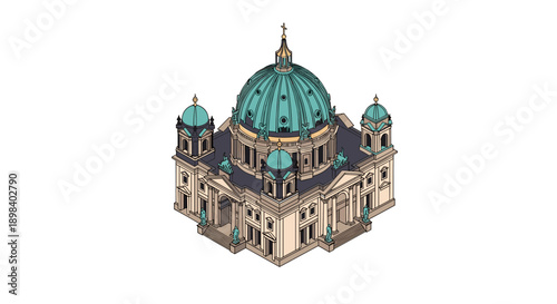 Isometric classical building with dome and towers on white background