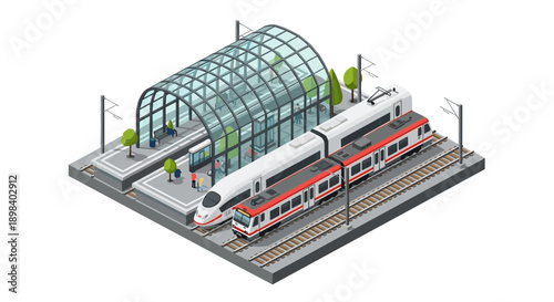 Modern isometric train station with glass roof and train on tracks