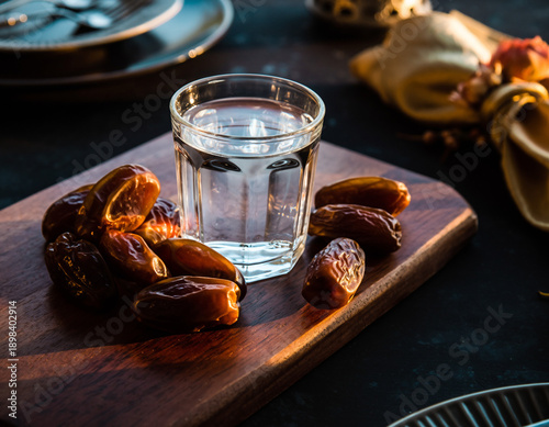 Glass of water with dates on wooden board
