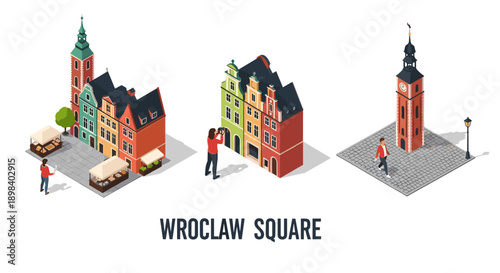 Charming isometric buildings and clock tower in wroclaw square