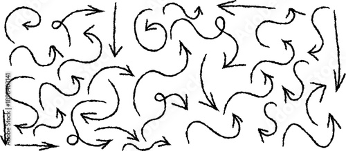 A chaotic collection of hand drawn black lines and arrows creates a swirling abstract composition with varying directions and loops high quality professional