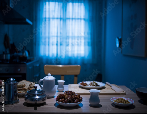 Cozy dinner setting with blue lighting in modern kitchen at night