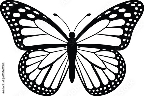 Black and white silhouette of a monarch butterfly with detailed wing patterns insect outline