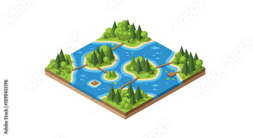 Isometric forest landscape with river and trees in 3d art style