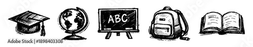 Hand-drawn school icons set featuring a graduation cap, globe, chalkboard, backpack, and open book in a sketchy black and white style.
