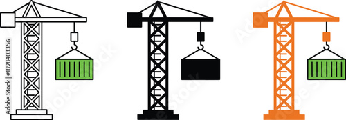 Construction crane icon set industrial lifting equipment cargo logistics building site symbols colorful outline vector illustration