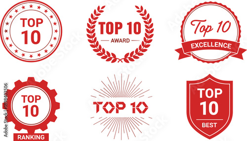 Top 10 award badge collection, ranking excellence labels set, red premium quality emblems, best choice icons isolated white background