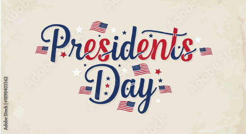 Presidents day celebration with american flags and stars on beige background