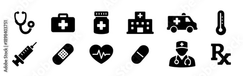 A comprehensive set of flat black medical and healthcare icons, featuring a stethoscope, hospital, ambulance, doctor, and more for professional use.