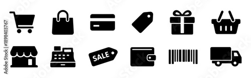 Set of 12 minimalist shopping and e-commerce icons including cart, bag, credit card, gift, and delivery truck. Perfect for retail apps and websites.