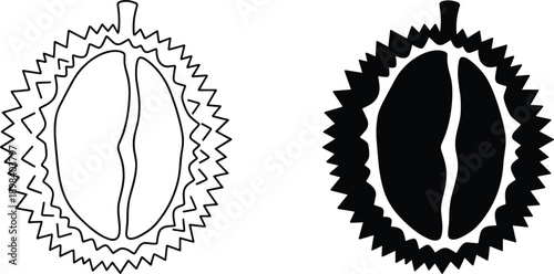 Durian fruit icon set tropical exotic food symbol spiky shell fresh produce minimal black white vector illustration
