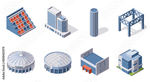 Modern isometric building icons with urban architecture and stadium designs
