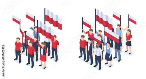 Isometric crowd with poland flags celebrating together