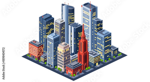 Modern isometric cityscape with skyscrapers and urban architecture