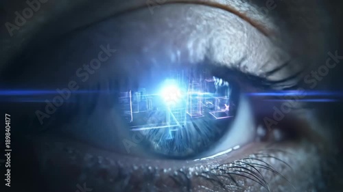 Womans eye showing digital cityscape reflection fading into bright light. Concept of future vision or augmented reality interface