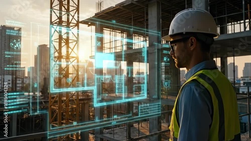 Construction worker using futuristic augmented reality interface displaying building floor plans and data at sunset