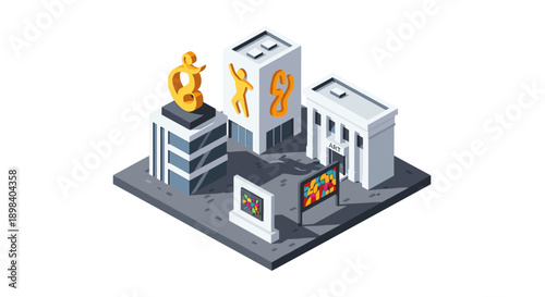 Modern urban art hub with isometric cityscape and sculptures