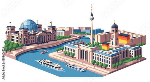 Isometric cityscape of berlin with landmarks and river spree