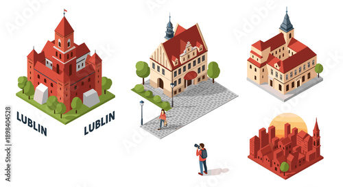 Isometric architectural landmarks of lublin with people and sunset scenery