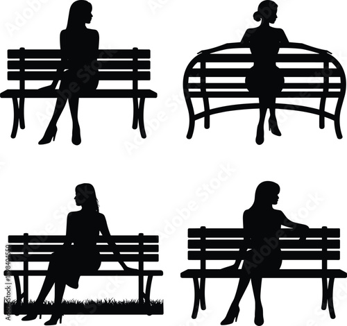 Four silhouettes of women sitting on park benches in different poses on a white background Keywords: women, female, silhouette